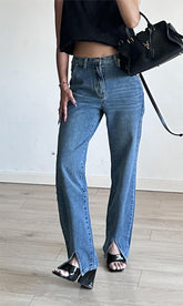Jean taille haute à fente frontale et jambes longues, pantalon moulant amincissant et droit